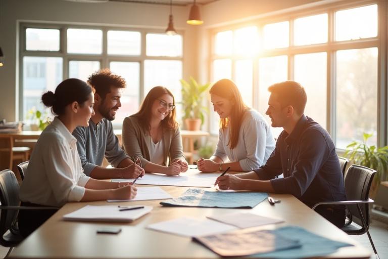 Une équipe créative collaborant dans un bureau moderne et lumineux, symbolisant la mission d'Ergoline Textile.