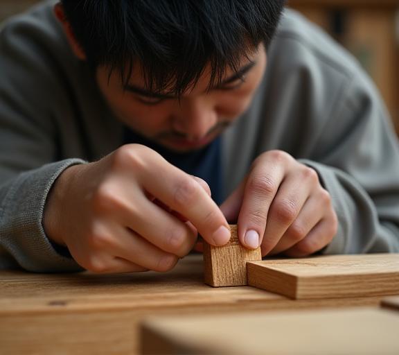 熟練の職人が木製家具の接合部を丁寧に検査している様子。