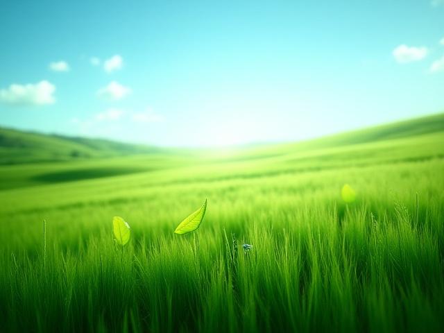 Champ vert luxuriant sous un ciel bleu avec des matériaux naturels en avant-plan, symbolisant la durabilité.